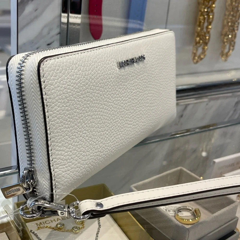 MICHAEL KORS Lg Pebbled Leather Continental Wallet Wristlet Phone Holder  Optic